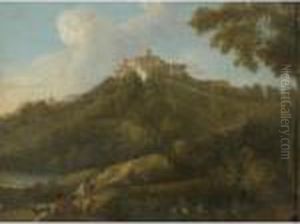 A View Of The Roman Campagna 
With Shepherds In The Foreground And A Palazzo And A Church On A Hilltop
 Beyond by Gaspard Dughet