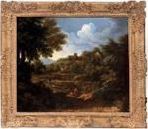 A Wooded Landscape With Figures By A River