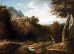 A River Landscape With A Walled Town On A Hill And A Coastal View Beyond by Gaspard Dughet