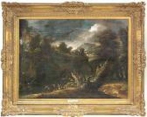 An Arcadian Landscape With Fishermen And A Temple In The Background