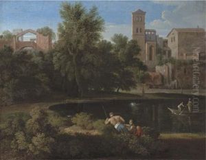 A Classical Landscape With Figures Resting By A Lake by Gaspard Dughet