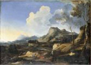 An Italianate Landscape With A 
River And Rustic Buildings, Classical Figures And Travellers In The 
Foreground by Gaspard Dughet