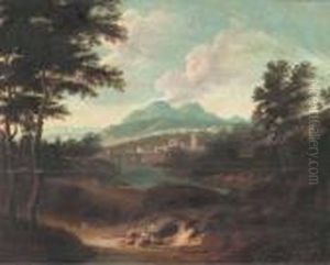A Wooded River Landscape With Figures Resting On A Track