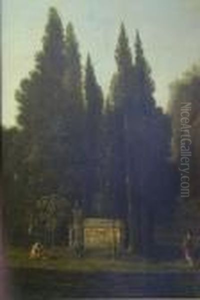 Woodland Clearing With Figures Adorning A Tomb With Flower Garlands - view 1