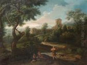 An Arcadian Landscape With Travellers On A Path, A Walled Village Beyond An Arcadian Landscape With Travellers On A Path, A Walled Village Beyond