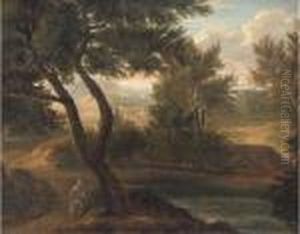 A River Landscape With A Figure In The Foreground, A Fortified Townbeyond A River Landscape With A Figure In The Foreground, A Fortified Townbeyond