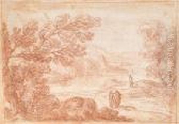 Hills In A River Landscape With Figures Walking And Conversing On The Bank - view 1