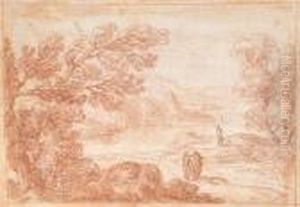 Hills In A River Landscape With Figures Walking And Conversing On The Bank