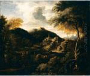 Paesaggio Boschivo Con Figure E Rocca In Lontananza by Gaspard Dughet