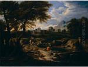 Paesaggio Fluviale Con Figure E Fortezza In Secondo Piano by Gaspard Dughet