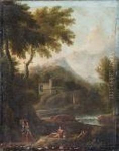 An Arcadian Landscape With Travellers On A Path, A Waterfall Beyond