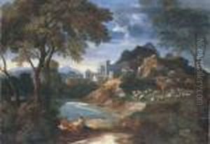 An Italianate River Landscape
With A Villa And Shepherds Restingwith Their Flock By A Pond by Gaspard Dughet