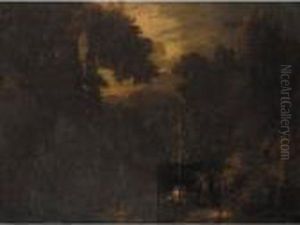 A Pastoral Wooded Landscape With Three Figures In The Foreground by Gaspard Dughet