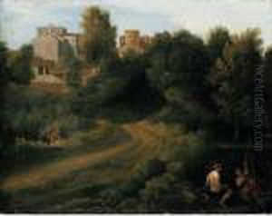 Classical Landscape With Figures Near A Bridge Leading To A Village by Gaspard Dughet