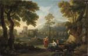 A Pastoral Landscape With
Figures Resting; And A Landscape Withfigures And Classical Ruins Beyond by Gaspard Dughet