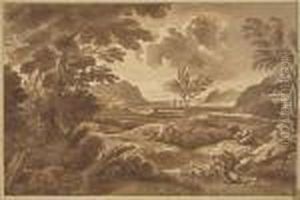 An Italianate Landscape With Two Peasants Tending A Herd Ofgoats by Gaspard Dughet