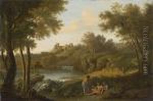 Sudliche Landschaft Mit Wasserfall
 Und Figurenstaffage.