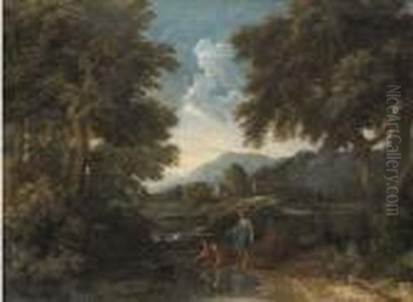 A Wooded Landscape With Classical Figures By A River - view 1
