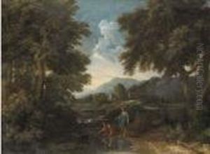A Wooded Landscape With Classical Figures By A River