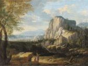 An Italianate Landscape With Travellers At Halt By A River