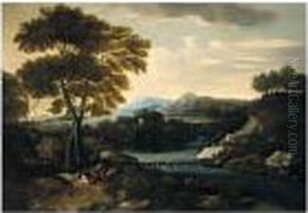 Classical Landscape With A
Shepherd Minding His Flock Beside A River, With A Villa Beyond - view 1
