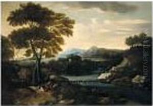 Classical Landscape With A 
Shepherd Minding His Flock Beside A River, With A Villa Beyond by Gaspard Dughet