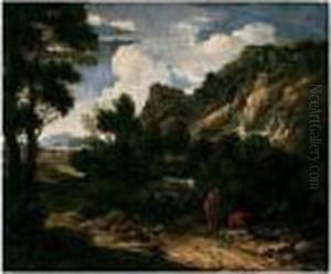 A Classical Landscape With Figures Resting In The Foreground, A Town In The Distance by Gaspard Dughet