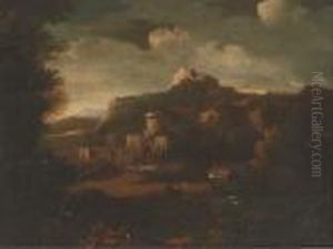 A Classical Landscape With A Figure And Dog Resting On Atrack