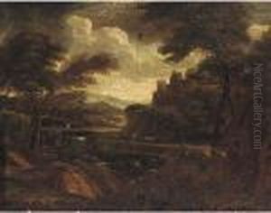 A Classical Landscape With Figures On A River Side Track by Gaspard Dughet