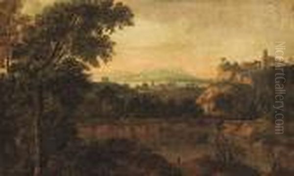 An Extensive Classical Landscape With Travellers Near A Lake - view 1