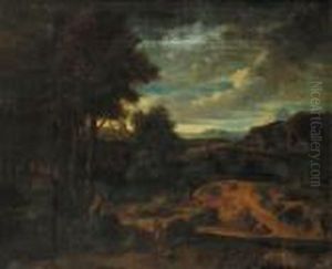 An Italianate Landscape At Sunset With Shepherds In The Foreground by Gaspard Dughet