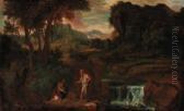 An Extensive Landscape With A Woman And Hermit Saint By A Rockyriver - view 1