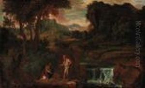 An Extensive Landscape With A Woman And Hermit Saint By A Rockyriver