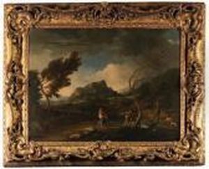A Stormy Italianate Landscape With Figures By A River, A Townbeyond