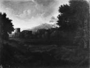 Paesaggio Laziale Con Un Borgo Ed Astanti Vari by Gaspard Dughet