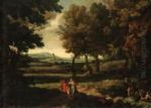 An Extensive Italianate 
Landscape With Bathers And A Group Of Womenand Children In The 
Foreground, Travellers On A Path Beyond