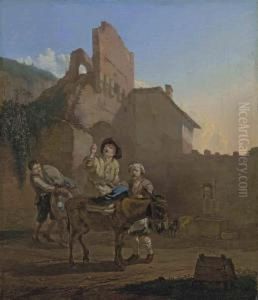 Travellers With Donkeys Resting At The Walls Of A Town