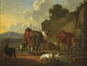 A Herdsman With His Cattle Resting Near A Stream
