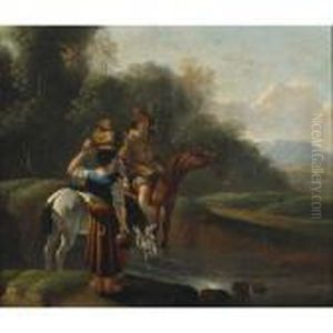 Early Morn (couple With Their Horses Gathering Water In Alandscape)