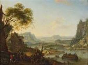 Weite Fantasielandschaft Mit Einem Fluss Und Bergen