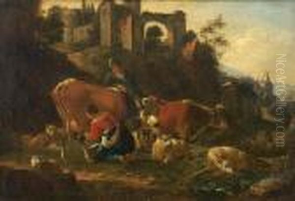 A Herdsman And A Milkmaid With Cattle And Sheep Before Ruins - view 1