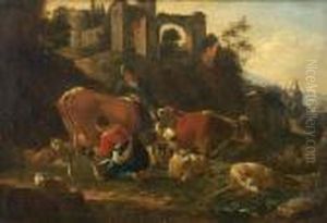 A Herdsman And A Milkmaid With Cattle And Sheep Before Ruins by Karel Dujardin