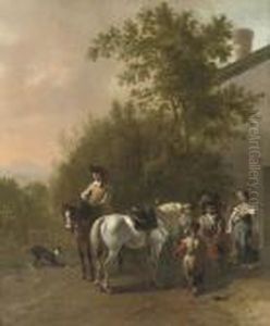 Travellers On Horseback Resting In An Italianate Landscape by Karel Dujardin