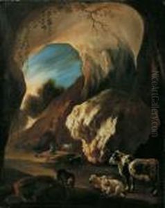 Ein Hirte Mit Vieh In Einer Grotte. by Karel Dujardin