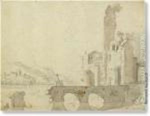 Circle Landscape With Ruin. Black And White Chalk.watermark Of The Austrian Coat-of-arms by Karel Dujardin