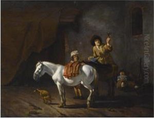 Two Horsemen With Their Horses
And A Dog Near A Stable, Another Horseman Sleeping In The Background Two Horsemen With Their Horses
And A Dog Near A Stable, Another Horseman Sleeping In The Background