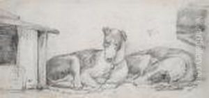 Two Dogs Lying Beside A Kennel by Karel Dujardin