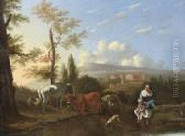 A Mountainous Landscape With A 
Woman And Child By A River, With A Donkey And Cart, A Town Beyond - view 1