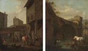Travellers With Their Horses 
Resting By A Well, In A Courtyard; And An Italianate Landscape With A 
Drover And His Cattle By A River