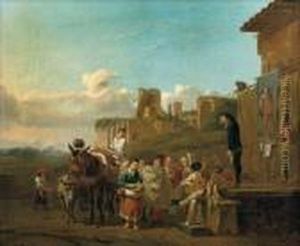 Peasants Gathered Around A Stage To Watch A 'comedia Dell'arte' Play by Karel Dujardin